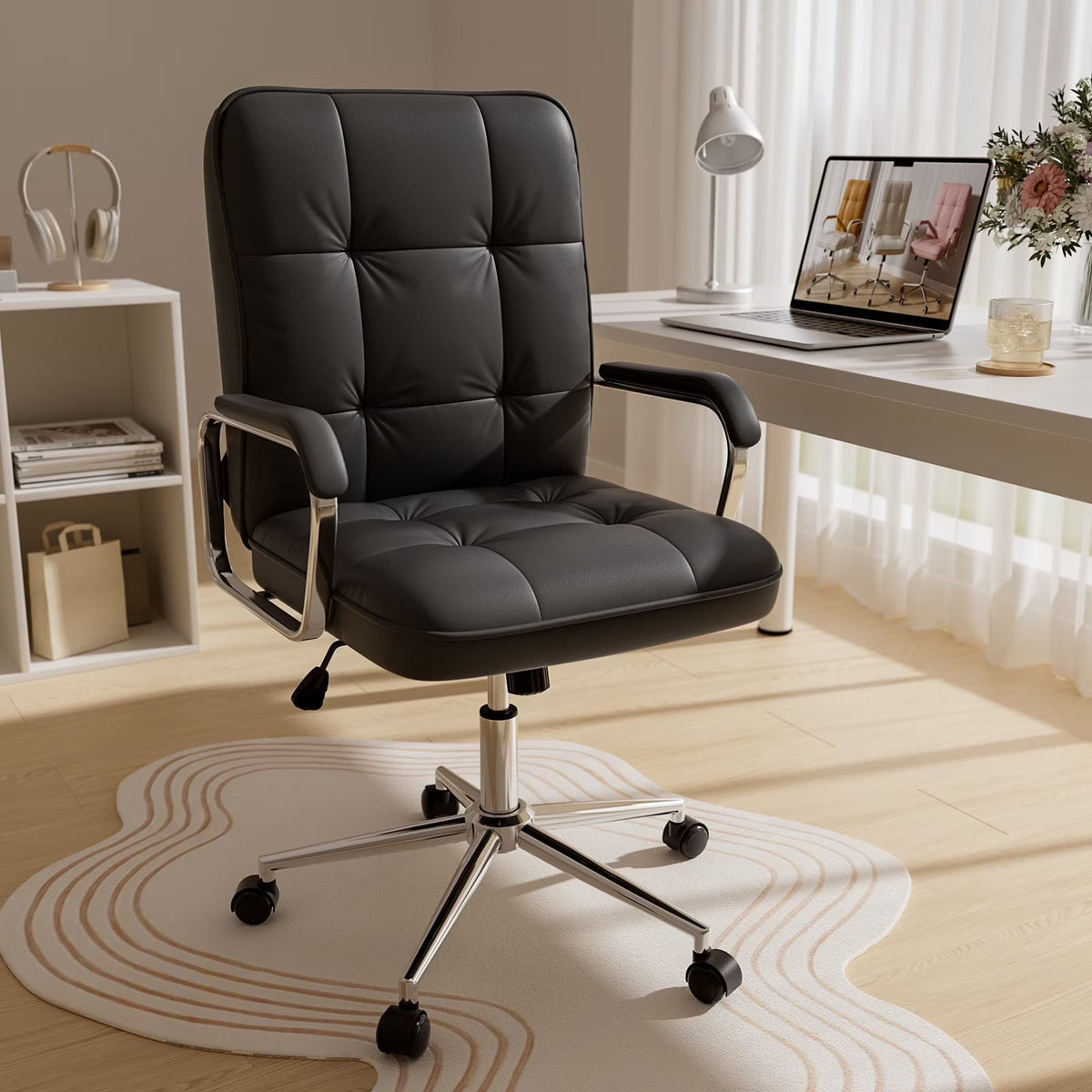 2026 NEW Solfway White Office Chair, Swivel Leather Computer Desk Chair with Wheels and Padded Arms, Executive Office Chair for Adults