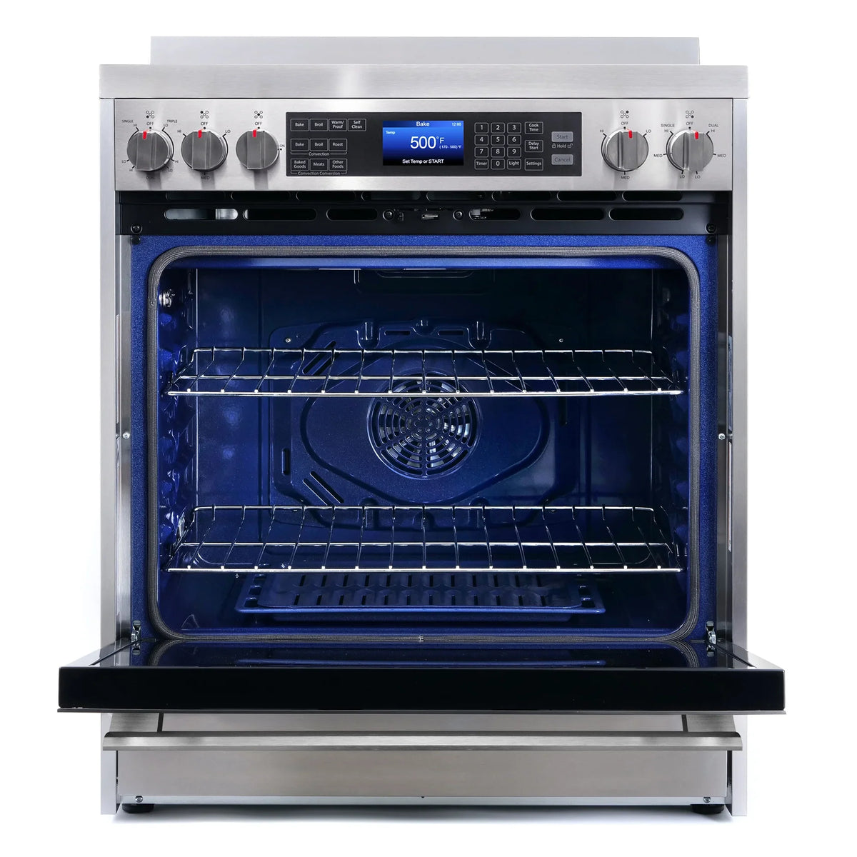 2026 NEW Cosmo 5 Piece Kitchen Appliance Packages with 30" Freestanding Electric Range 30" Island Range Hood 24" Built-in Fully Integrated Dishwasher French Door Refrigerator & 48 Bottle Wine Refrigerator