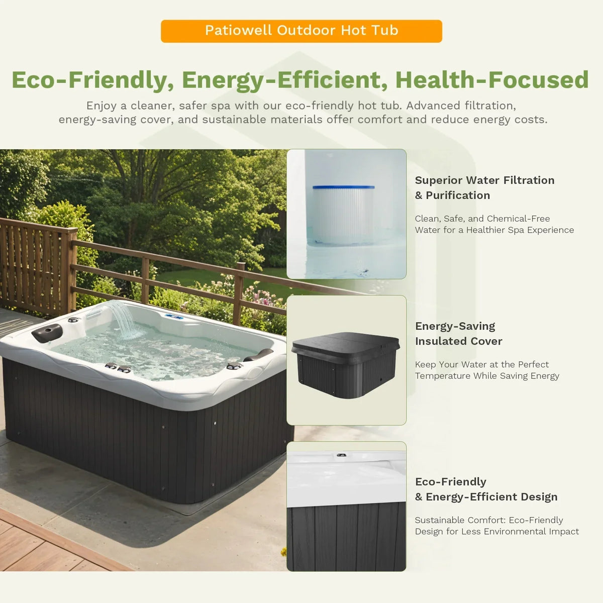 2026 NEW Patiowell 2 Person Home Spa Hot Tub for Outdoor, with 41pcs Massage Jets, LED lighting, Built-In Water Purification System, 900L, Black