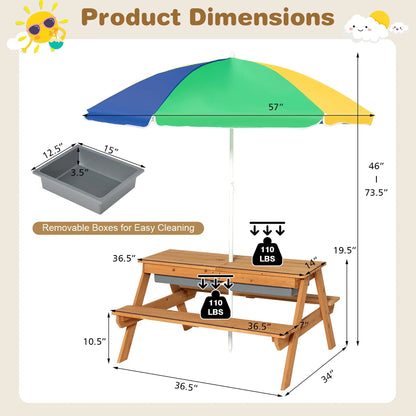 2026 NEW Costway 3-in-1 Kids Picnic Table Wooden Outdoor Sand & Water Table with Umbrella Play Boxes Green