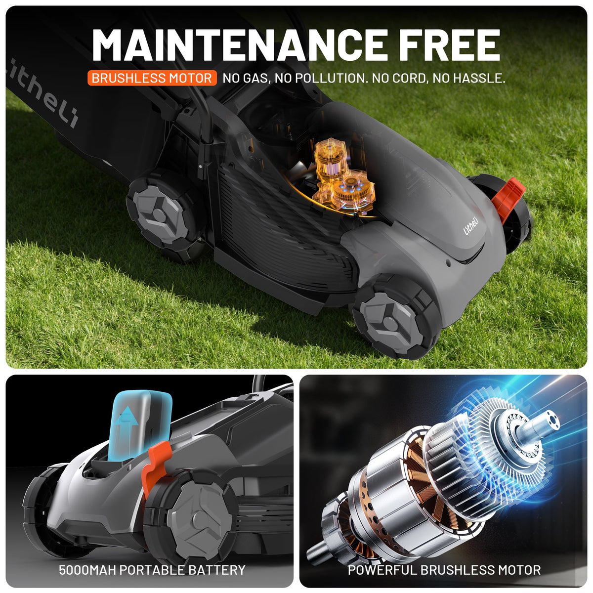 2026 NEW Litheli 20V Cordless Electric Lawn Mower, 14-Inch, Brushless Motor, 5-Position Height Adjustment, with 5.0Ah Battery, for Lawns & Gardens