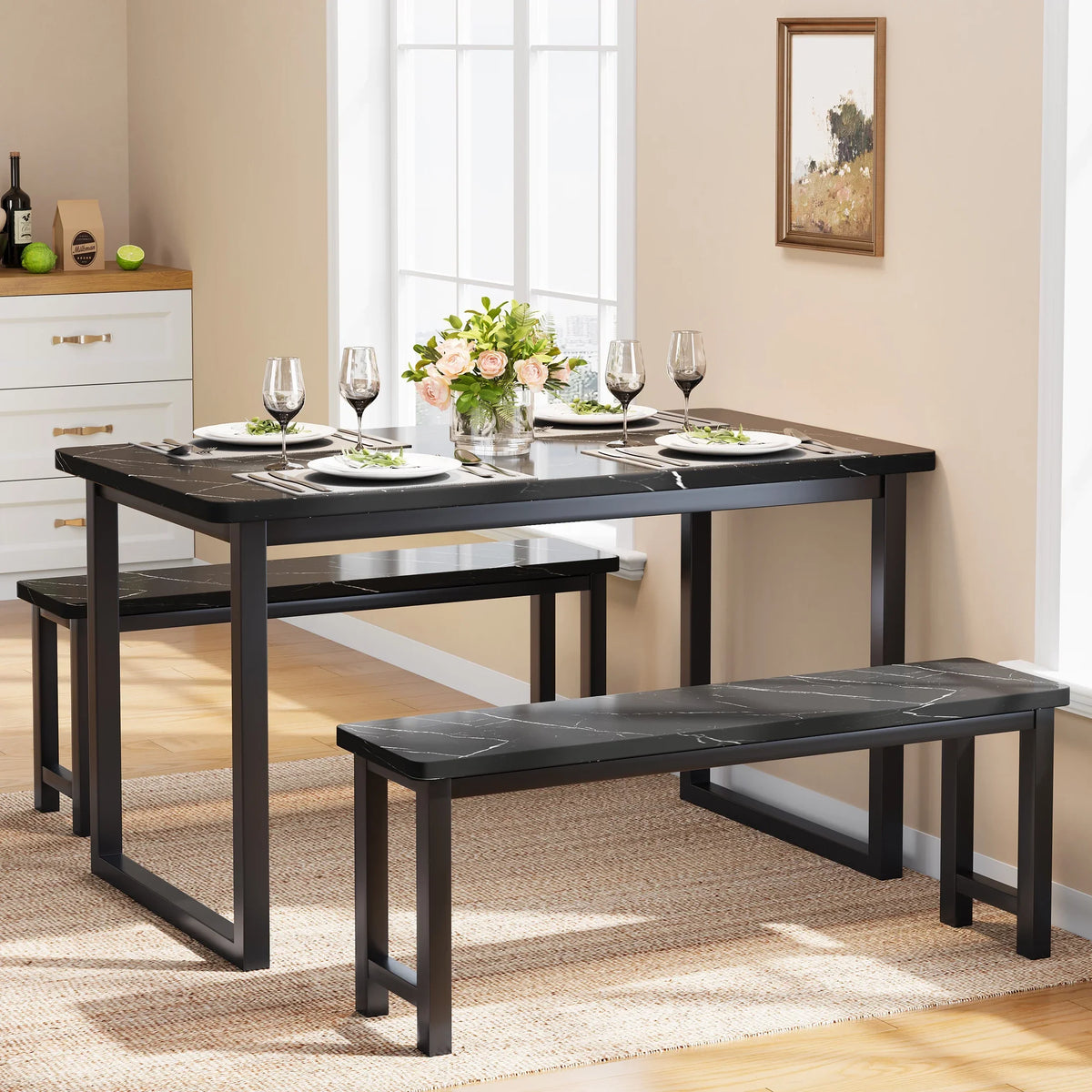 2026 NEW PORKISS Kitchen Table with 2 Benches, 3 Piece Dining Table Set, Dining Table with Faux Marble Table Top, Metal Frame, Black#