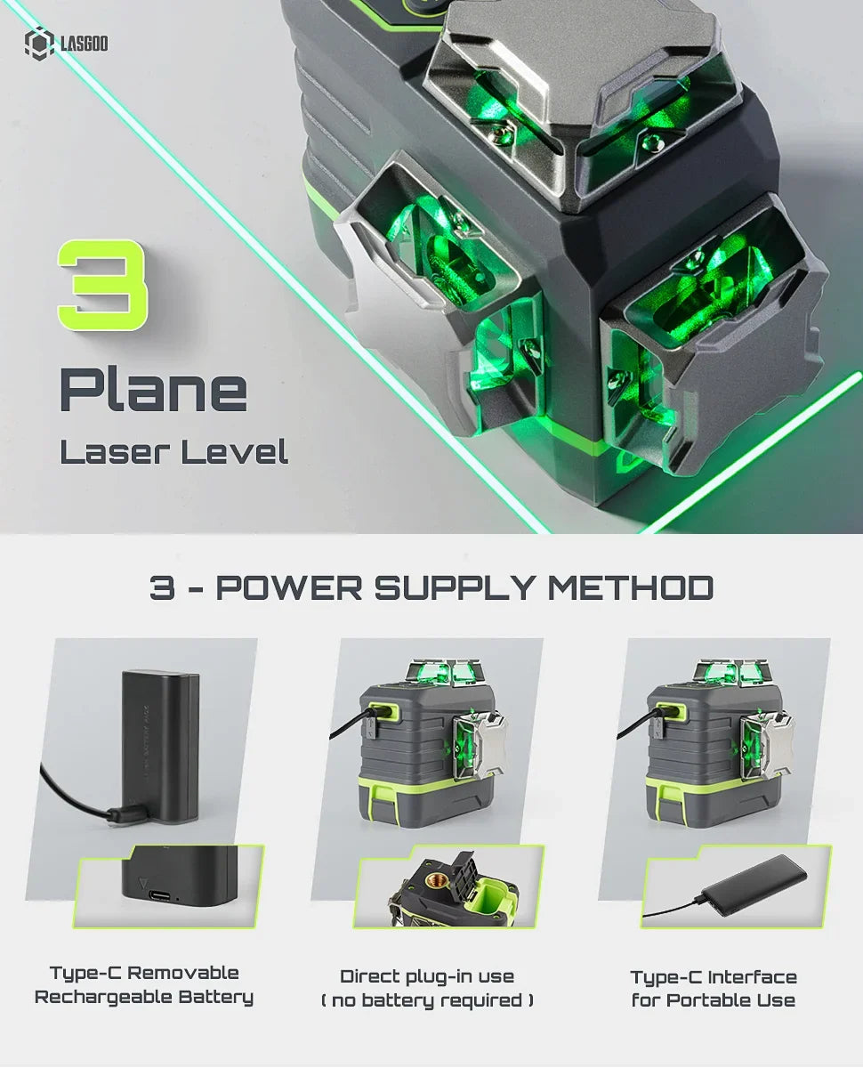 2026 NEW Laser Level 3x360- LASGOO with Remote Control, 2 Rechargeable Batteries, 100FT Range, 360- Magnetic Rotating Stand, IP54, 3Ds