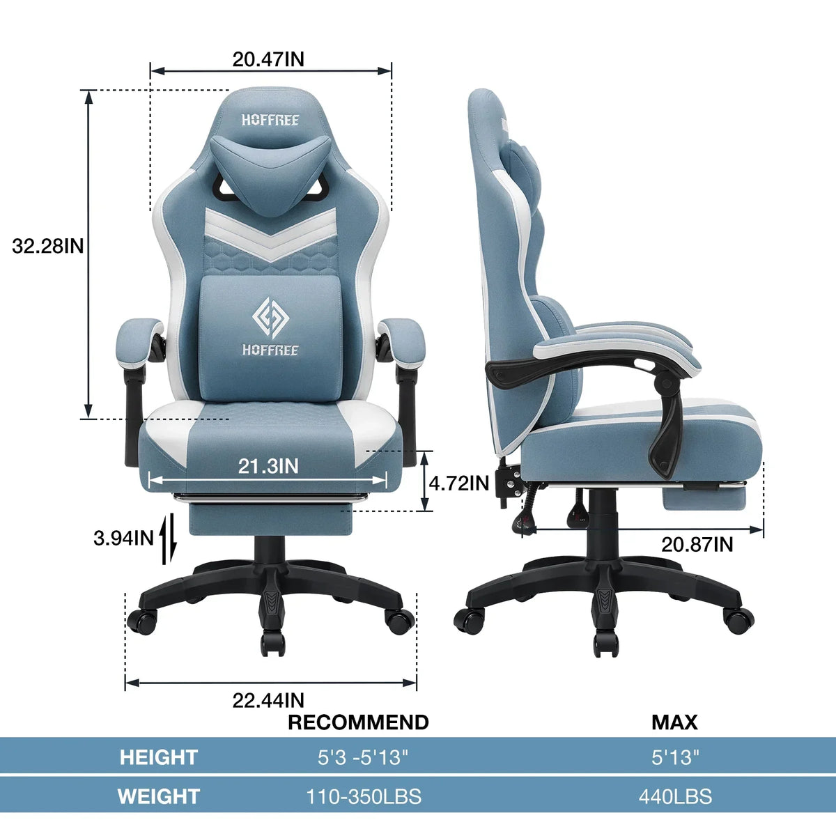 2026 NEW Hoffree Gaming Chair with Massage Fabric Office Chair with footrest for Adults, Ergonomic Gamer Chair with Headrest and Lumbar Support for Office Gaming, 440 LBS
