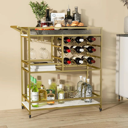 2026 NEW WHIFEA 3-Tier Home Bar Cart with Wine Rack, Mobile Serving Wine Cart on Wheels, Modern Rolling Drink Trolley for Coffee Tea Wine