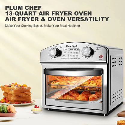2026 NEW PlumChef 13 Quart 4 Slices Air Fryer Convection Toaster Oven, 1500W, 7 in 1 Multifunction with Roast, Bake, Grill, Broil, Toast, Dehydrate, Defrost