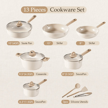 2026 NEW Carote Nonstick Pots and Pans Set, 13 Pieces Kitchen Cookware Sets Compatible for All Stoves, White Granite