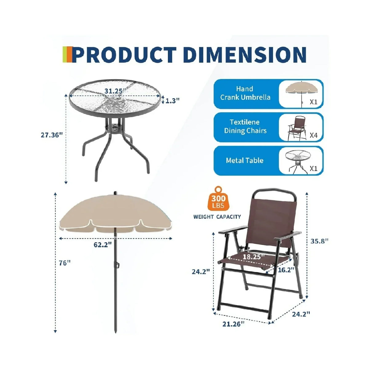 2026 NEW 6 Pieces Outdoor Dining Set With Umbrella, Patio Table and 4 Folding Chairs With Umbrella, Garden Patio Furniture Set With Umbrellas, Tempered Glass Top Dining Table