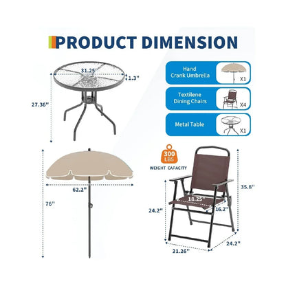 2026 NEW 6 Pieces Outdoor Dining Set With Umbrella, Patio Table and 4 Folding Chairs With Umbrella, Garden Patio Furniture Set With Umbrellas, Tempered Glass Top Dining Table