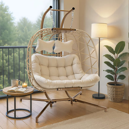 2026 NEW RADIATA Double Wicker Egg Swing Chair with Stand, 2-Person Hanging Egg Chair for Indoor/Outdoor, 700lbs Capacity, Thick Cushions & Headrest,Sturdy Metal Frame"Dark Gray