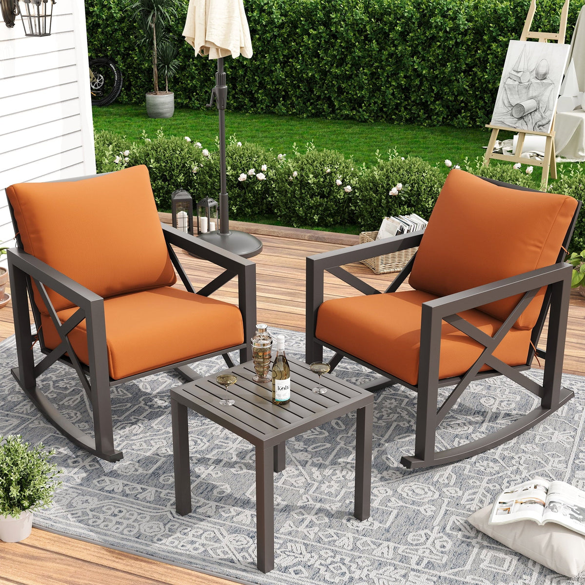 2026 NEW MRUAKA Rocking Chair Bistro Set,3 Piece Outdoor Patio Furniture Set with 2 Rockers and 1 Metal Coffee Table with Thick Cushions for Porch,Backyard,Poolside,Beige