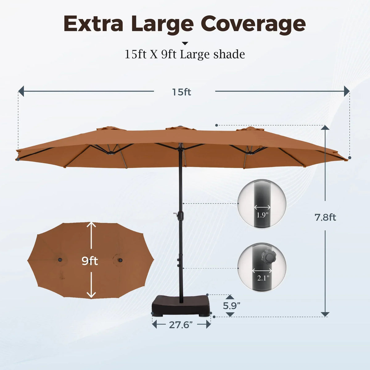 2026 NEW Alpha Joy 15ft Outdoor Patio Umbrella Extra-Large Double-Sided Garden Umbrella with Crank Handle and Base - Smoky Gray