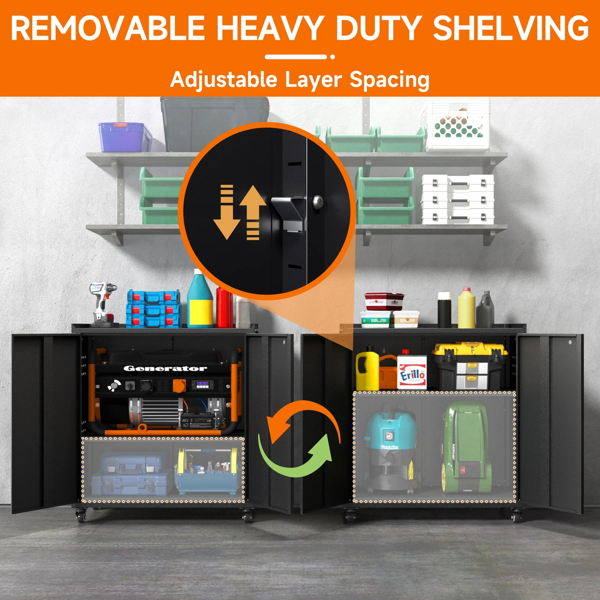 2026 NEW Metal Storage Cabinet with Wheels,Rolling Tool Cabinet with Doors and Adjustable Shelves,Heavy Duty Garage Storage Cabinet