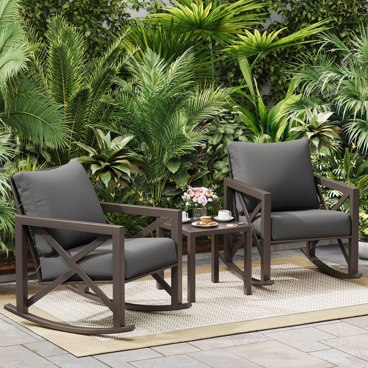 2026 NEW MRUAKA Rocking Chair Bistro Set,3 Piece Outdoor Patio Furniture Set with 2 Rockers and 1 Metal Coffee Table with Thick Cushions for Porch,Backyard,Poolside,Beige