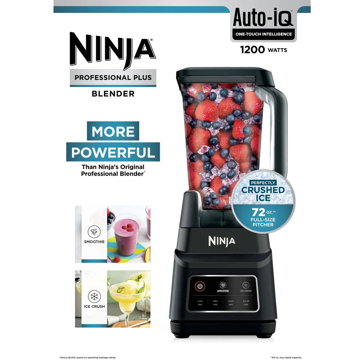 2026 NEW Ninja Professional Plus Blender, 2 Auto-IQ Programs for Smoothies, Frozen Drinks, 1200 W, 72 oz* Total Crushing Pitcher, Black, BN700