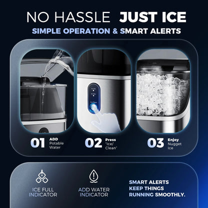 2026 NEW Simzlife Nugget Ice Maker Countertops, 35.9lbs Per Day Portable Pebble ice machine, Crushed Sonic ice maker with Soft Chewable Ice for Home, Party, RV, Camping, Stainless Steel Silver