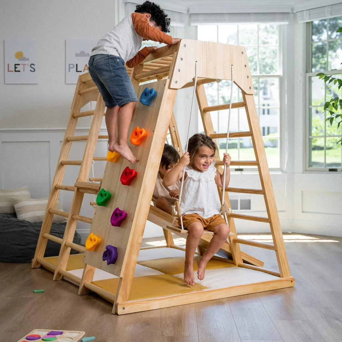2026 NEW Avenlur Indoor Toddler and Child Indoor Gym Playground Climber - Real Wooden Playset 6-in-1 Slide, Rock Climb Wall, Rope Wall Climbing, Monkey Bars, Swing, Ladder Fun Gym for Children