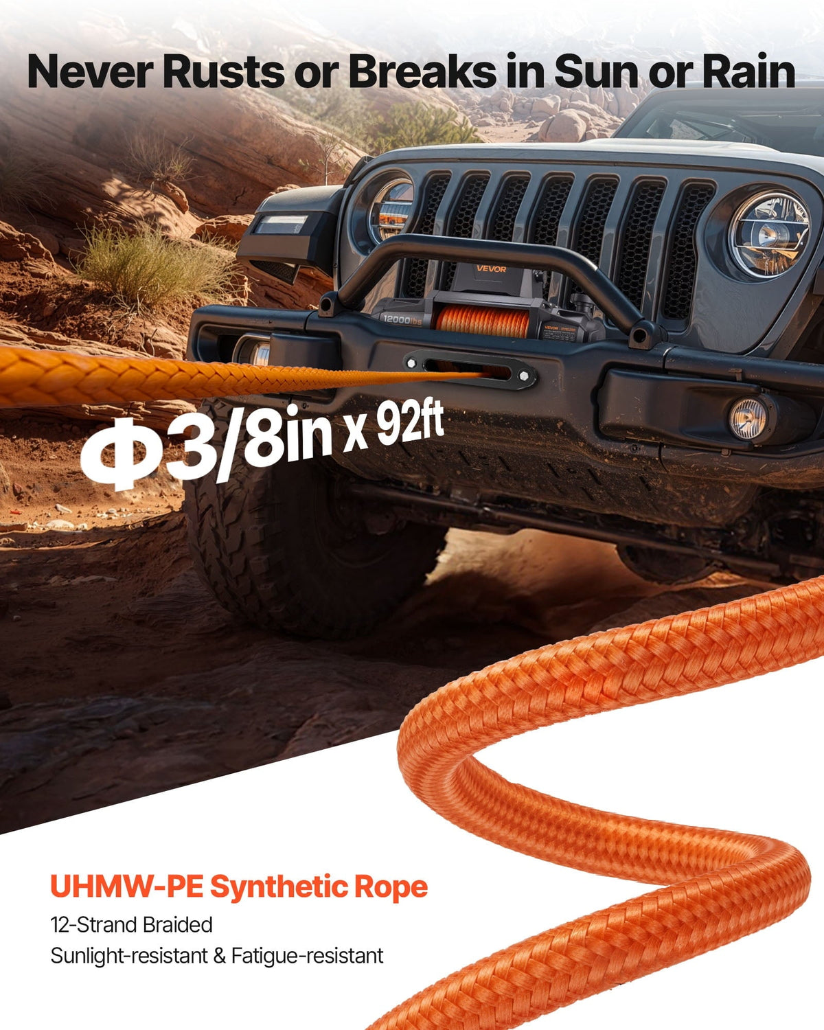 2026 NEW VEVOR Electric Winch, 12000 lbs Load Capacity, 12V DC Truck Winch with Φ3/8 in x 92 ft Synthetic Rope, Wireless & Wired Remote Control, IP67 Waterproof for Towing Off-Road SUV Jeep Trailer Boat
