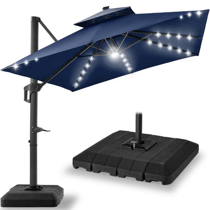 2026 NEW Best Choice Products 10x10ft 2-Tier Square Outdoor Solar LED Cantilever Patio Umbrella w/ Base Included - Tan