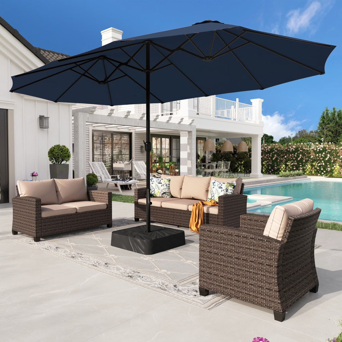 2026 NEW Alpha Joy 15ft Outdoor Patio Umbrella Extra-Large Double-Sided Garden Umbrella with Crank Handle and Base - Smoky Gray