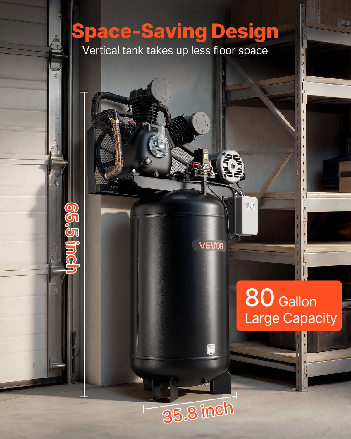 2026 NEW VEVOR 80 Gallons Heavy-Duty Air Compressor, 10HP 17 SCFM at 90PSI Air Compressors Max 175PSI, Oil-Lubricated Compressor Tank(230V 3-Phase, No Plug)