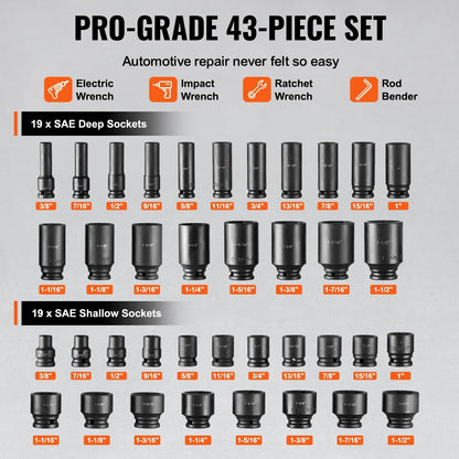2026 NEW SKYSHALO 43-Pc Impact Socket Set, 1/2" Drive, SAE 3/8"-1-1/2", Deep & Shallow, 6-Point, Cr-Mo Steel, for Automotive Repair, Clear Size Labels, Durable