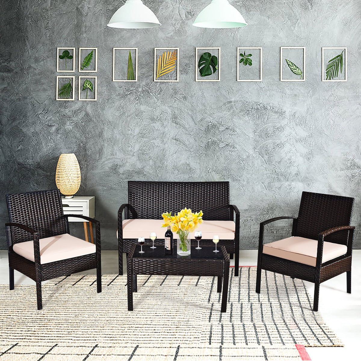 2026 NEW Costway 4PCS Patio Rattan Conversation Furniture Set Cushioned Seat Glass Table