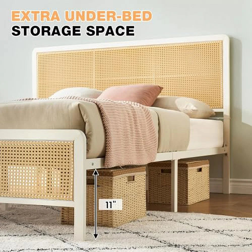 2026 NEW Platform Bed Frame with Natural Rattan Headboard Modern Cane Bed Frames with Heavy Duty Sturdy Steel Slat Support No Box Spring Needed Easy Assembly