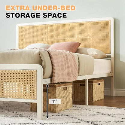 2026 NEW Platform Bed Frame with Natural Rattan Headboard Modern Cane Bed Frames with Heavy Duty Sturdy Steel Slat Support No Box Spring Needed Easy Assembly