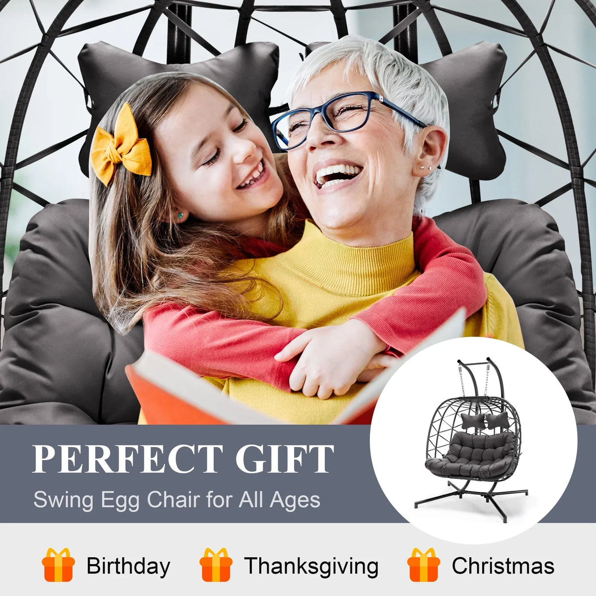 2026 NEW RADIATA Double Wicker Egg Swing Chair with Stand, 2-Person Hanging Egg Chair for Indoor/Outdoor, 700lbs Capacity, Thick Cushions & Headrest,Sturdy Metal Frame"Dark Gray