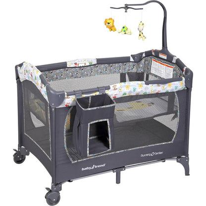 2026 NEW Baby Trend Nursery Center Playard with Toy Mobile. Tanzania Grey