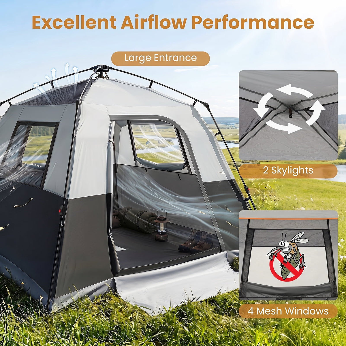 2026 NEW Costway 6-Person Outdoor Camping Tent with Rainfly & Carrying Bag, 3000mm Water-Resistant Gray