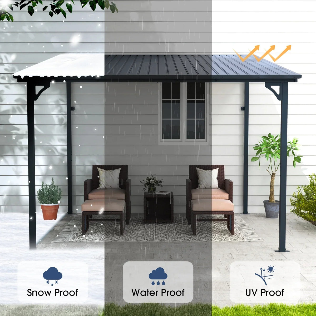 2026 NEW 8' x 10' Outdoor Pergola Gazebo, Lean to Awnings Gazebos, Heavy Duty Hard Top Metal Pergola with Roof, for Patio, Backyard, Decks, Poolside