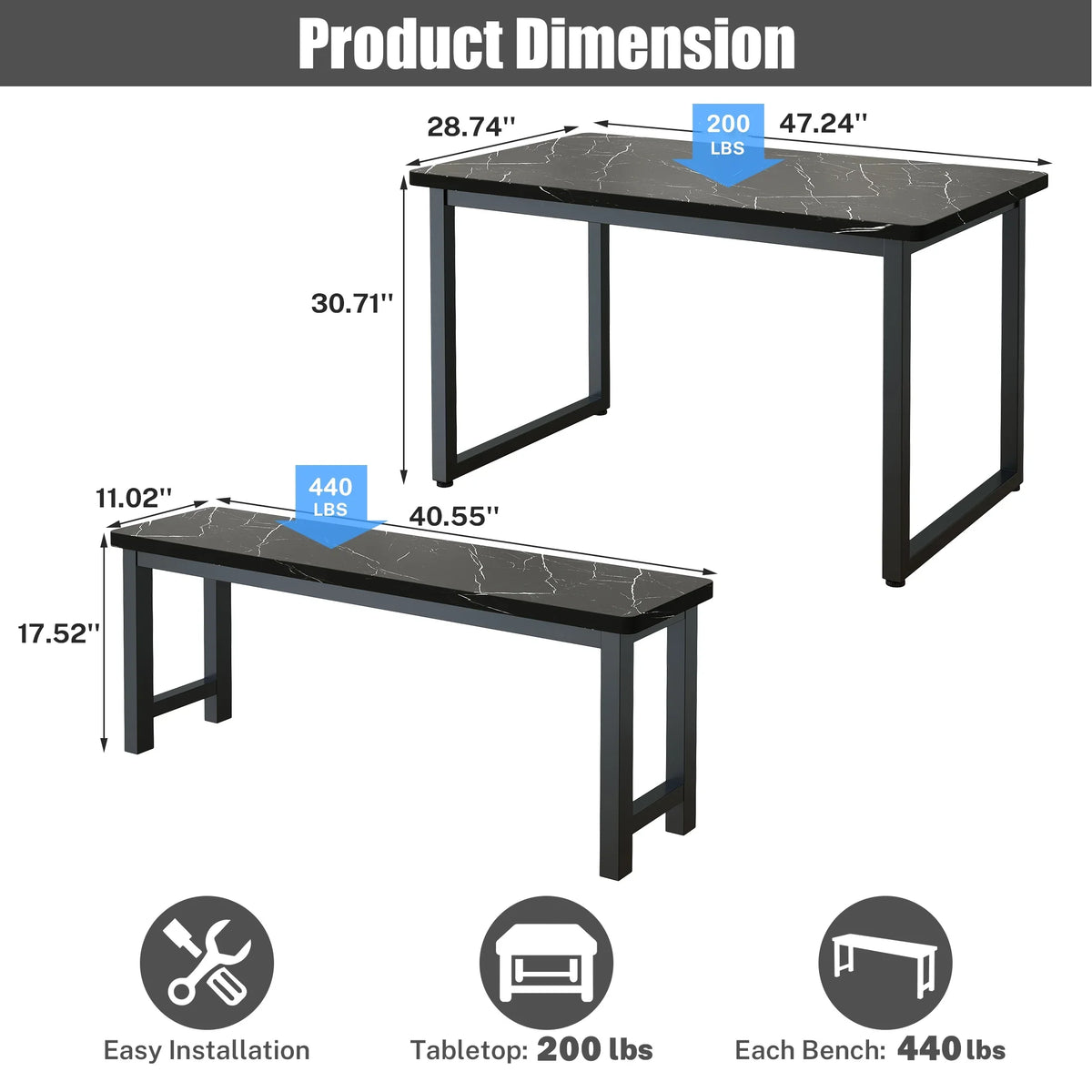 2026 NEW PORKISS Kitchen Table with 2 Benches, 3 Piece Dining Table Set, Dining Table with Faux Marble Table Top, Metal Frame, Black#