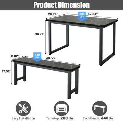2026 NEW PORKISS Kitchen Table with 2 Benches, 3 Piece Dining Table Set, Dining Table with Faux Marble Table Top, Metal Frame, Black#