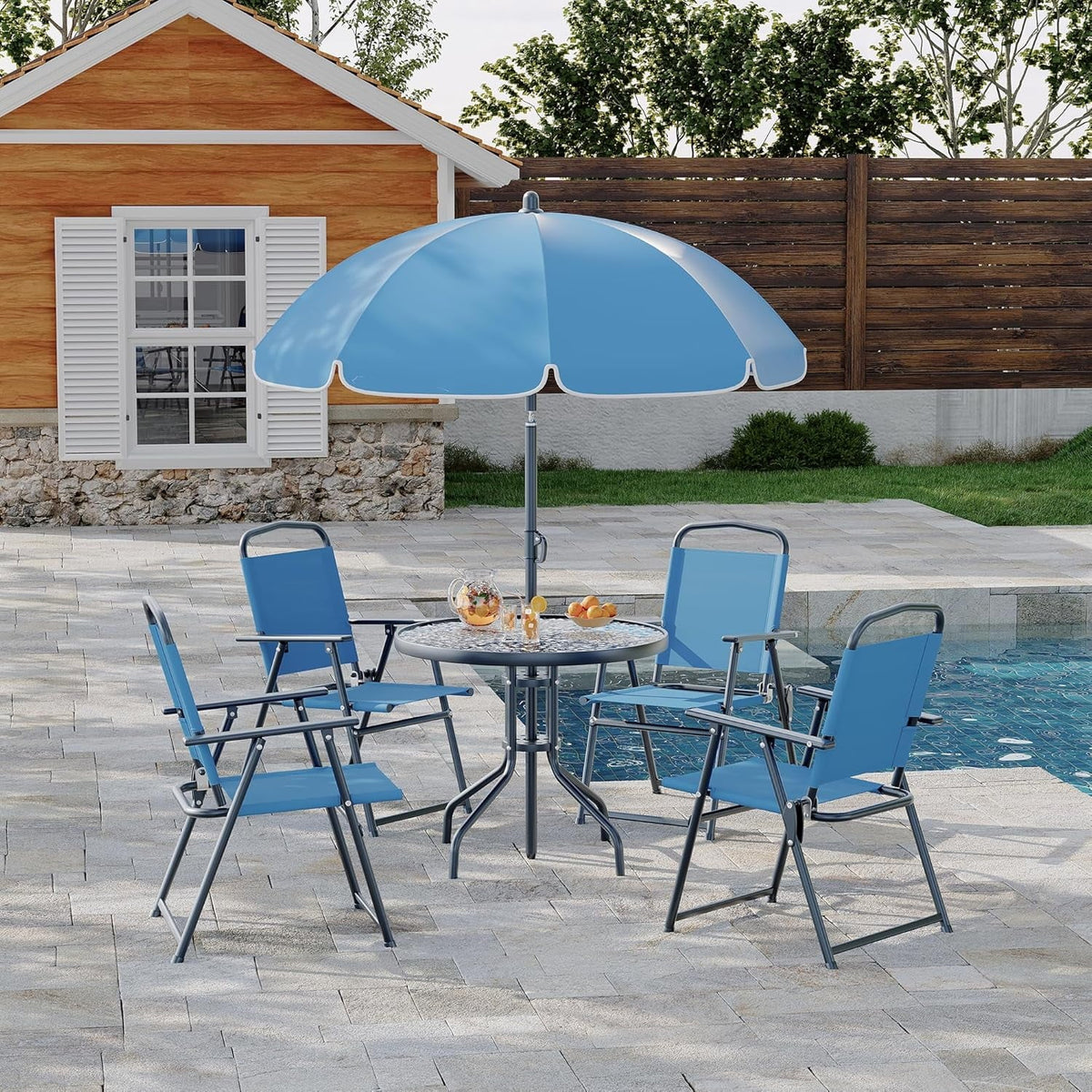 2026 NEW 6 Pieces Outdoor Dining Set With Umbrella, Patio Table and 4 Folding Chairs With Umbrella, Garden Patio Furniture Set With Umbrellas, Tempered Glass Top Dining Table