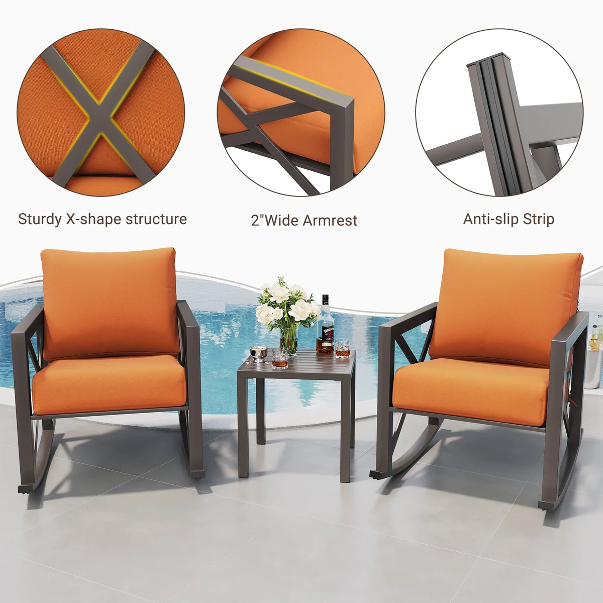 2026 NEW MRUAKA Rocking Chair Bistro Set,3 Piece Outdoor Patio Furniture Set with 2 Rockers and 1 Metal Coffee Table with Thick Cushions for Porch,Backyard,Poolside,Beige