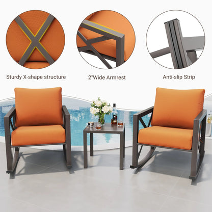 2026 NEW MRUAKA Rocking Chair Bistro Set,3 Piece Outdoor Patio Furniture Set with 2 Rockers and 1 Metal Coffee Table with Thick Cushions for Porch,Backyard,Poolside,Beige