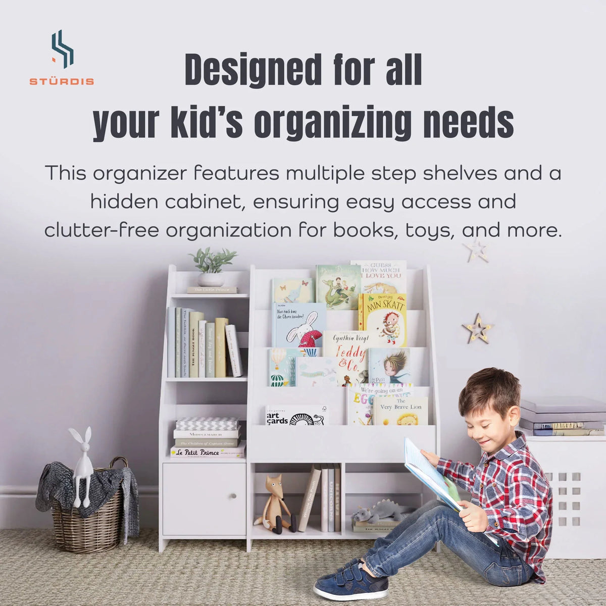 2026 NEW Sturdis Kids Toy Storage Organizer With Bookshelf and White Bins