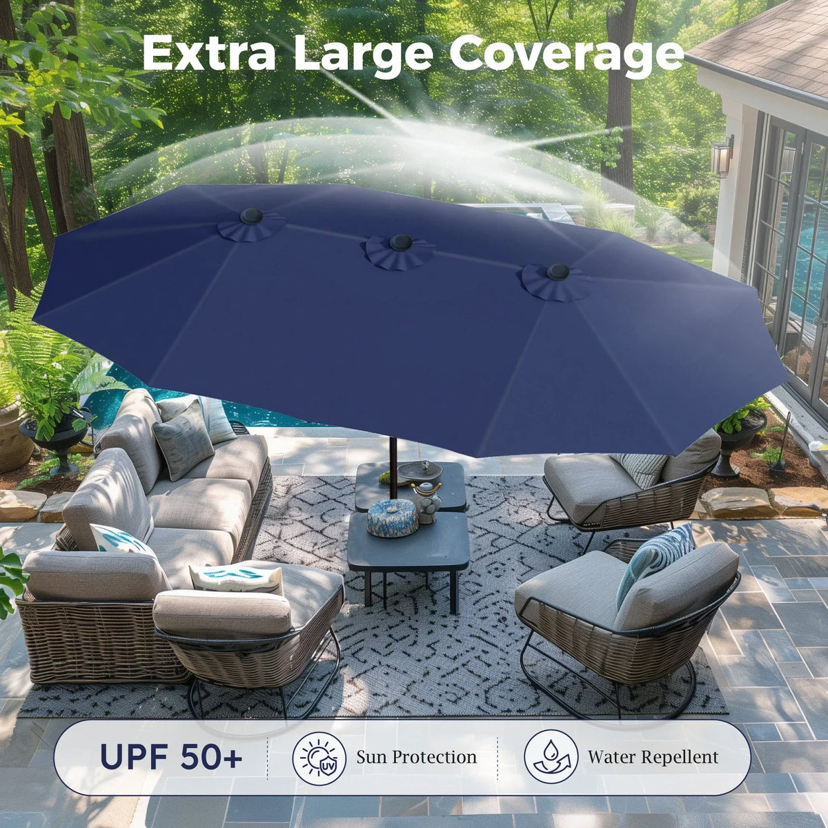2026 NEW Alpha Joy 15ft Outdoor Patio Umbrella Extra-Large Double-Sided Garden Umbrella with Crank Handle and Base - Smoky Gray