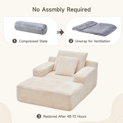 2026 NEW 65" Corduroy Cloud Sleeper Chaise Lounge Chair, No Assembly Sofa Bed with Pillows, Beige