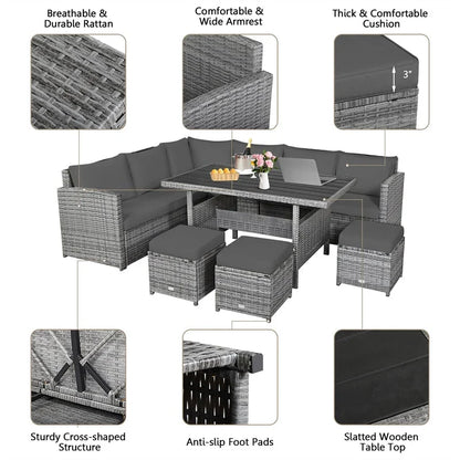 7 Pcs Rattan Patio Dining Furniture Sectional Sofa Set with Dining Table, Ottomans & Cushions