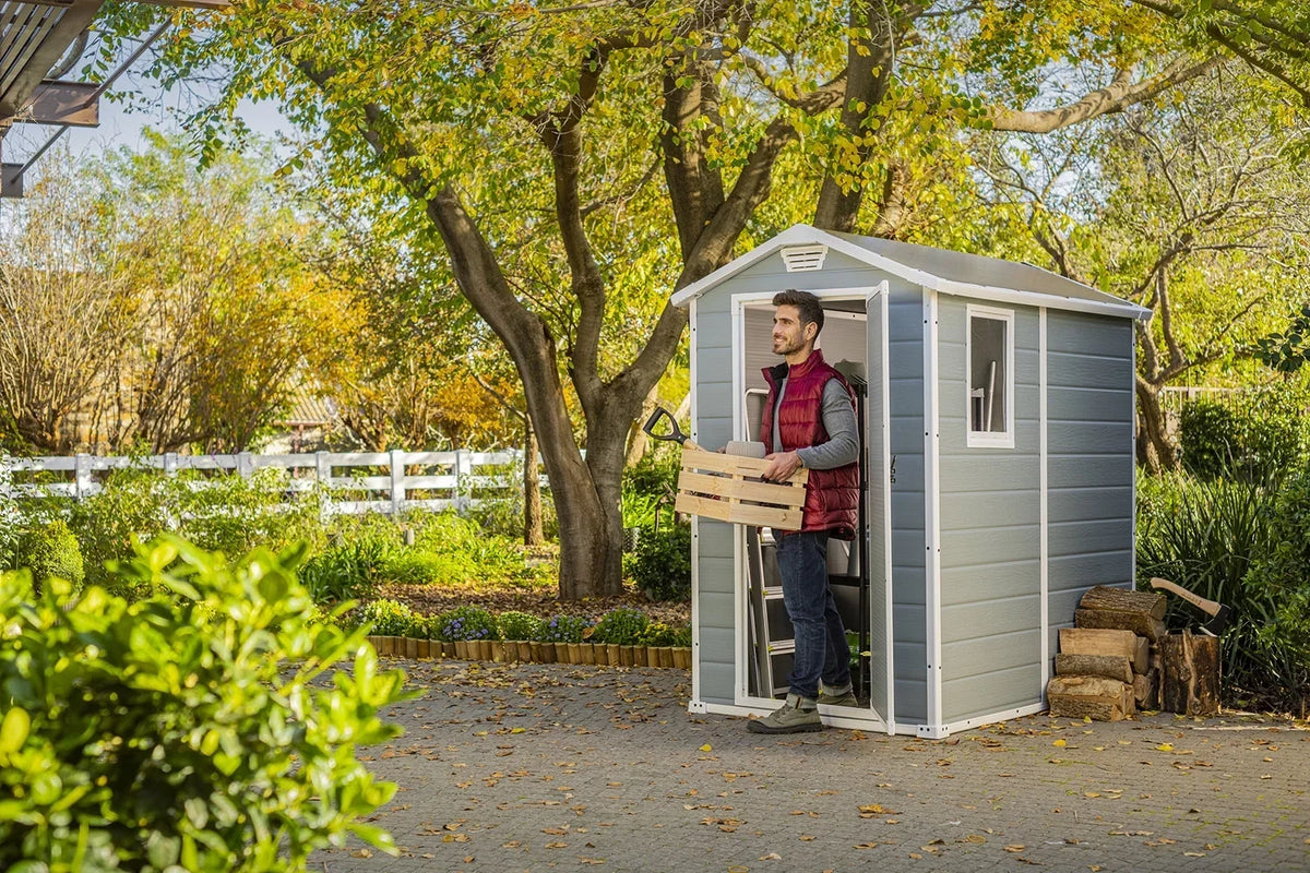 2026 NEW Keter 213413 Manor DD 6 X 8 Foot All Weather Outdoor Storage Shed, Grey
