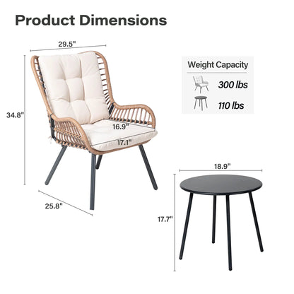 2026 NEW LAUSAINT HOME 3-Piece Patio Furniture Set, High Back Outdoor Bistro with Coffee Table & Beige Cushions for Garden or Deck