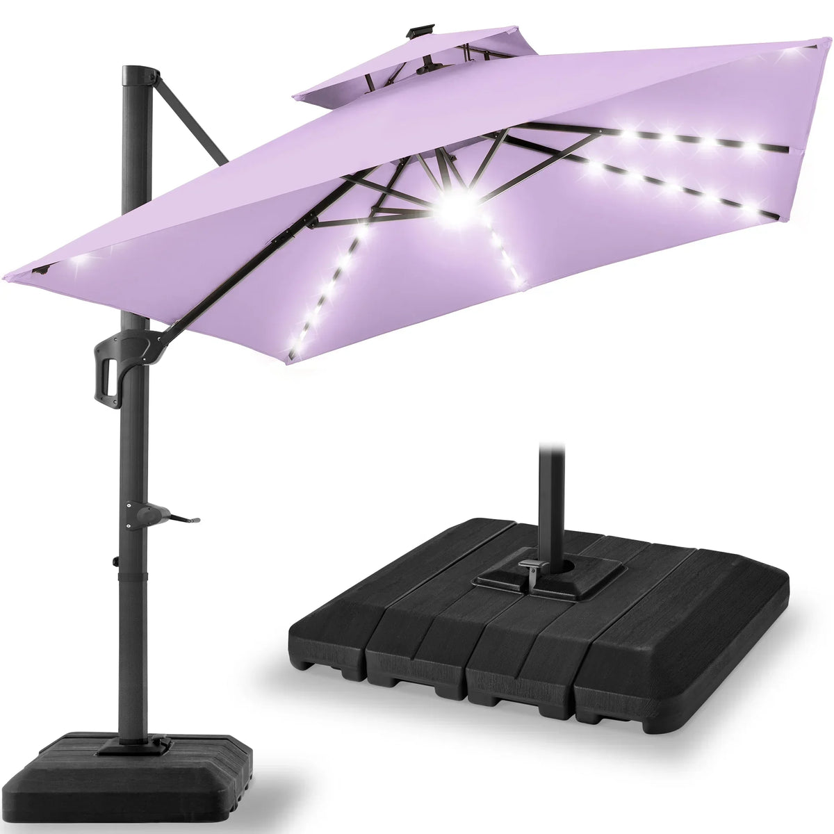 2026 NEW Best Choice Products 10x10ft 2-Tier Square Outdoor Solar LED Cantilever Patio Umbrella w/ Base Included - Tan