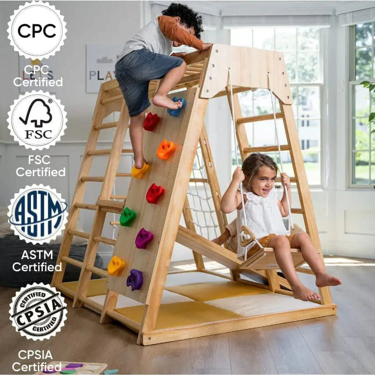2026 NEW Avenlur Indoor Toddler and Child Indoor Gym Playground Climber - Real Wooden Playset 6-in-1 Slide, Rock Climb Wall, Rope Wall Climbing, Monkey Bars, Swing, Ladder Fun Gym for Children