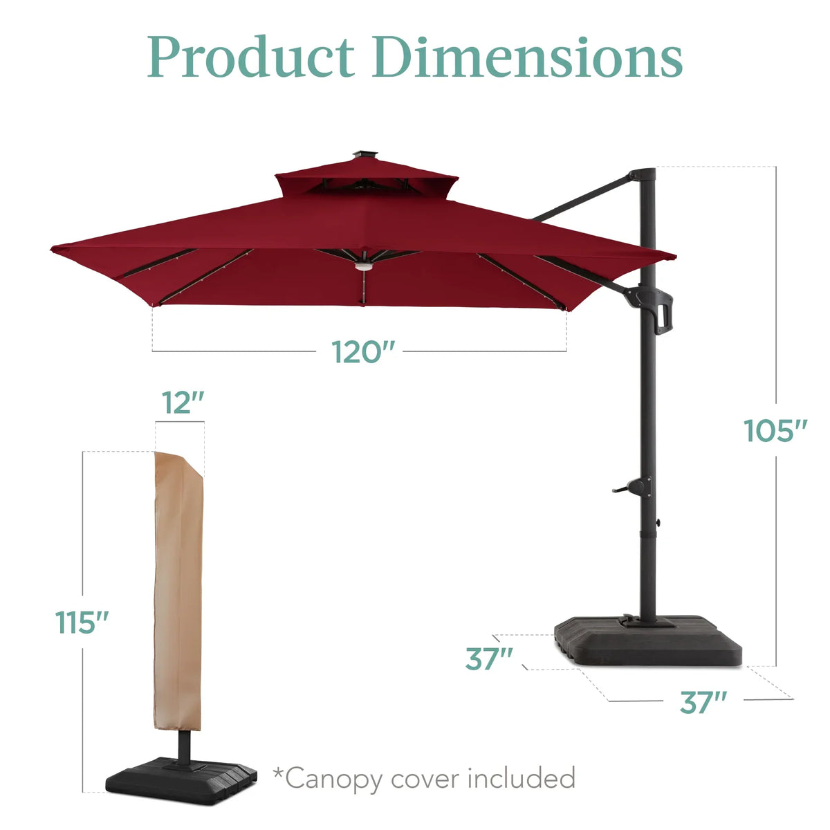 2026 NEW Best Choice Products 10x10ft 2-Tier Square Outdoor Solar LED Cantilever Patio Umbrella w/ Base Included - Tan