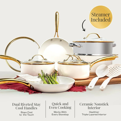 2026 NEW Gotham Steel 15 Pc Ceramic Cookware Set, Ceramic Pots and Pans Set Non Stick with Cooking Utensils and Steamer, Non Toxic, Premium Gold Stay Cool Handles, Oven & Dishwasher Safe