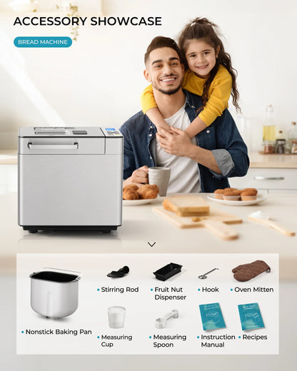 2026 NEW Simzlife 25-in-1 Bread Maker Machine, 2LB Capacity for Dough & Bread with Automatic Fruit and Nut Dispenser, Stainless Steel Construction