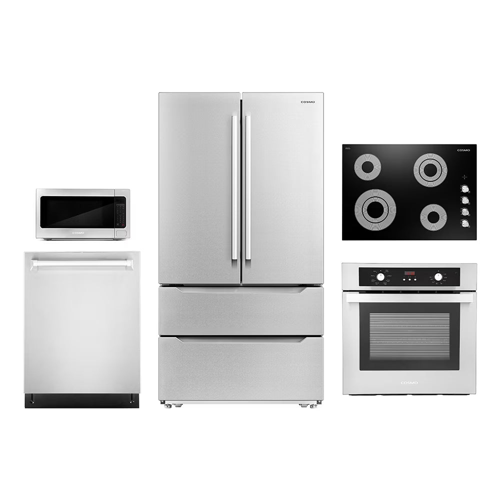 2026 NEW Cosmo 5 Piece Kitchen Appliance Package With 30" Electric Cooktop 24" Single Electric Wall Oven 30" Over-the-range Microwave French Door Refrigerator & 24" Built-in Fully Integrated Dishwasher